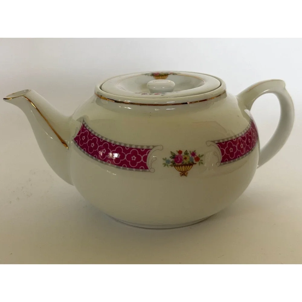 Vintage Pink Floral Teapot Flat Lid Gold Trim Cottagecore Shabby Chic Country